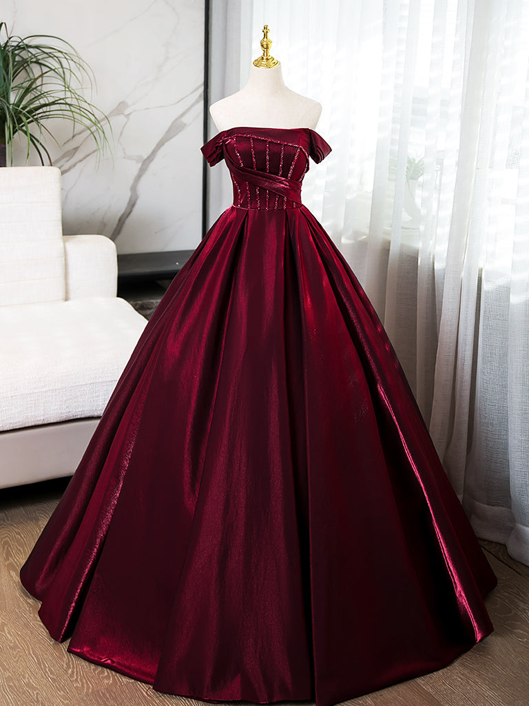 A-Line off Shoulder Satin Burgundy Long Prom Dress, Burgundy Evening Dress with Beads Custom Size / Custom Color A-Line off Shoulder Satin Burgundy Long Prom Dress, Burgundy Evening Dress with Beads Custom Size / Custom Color