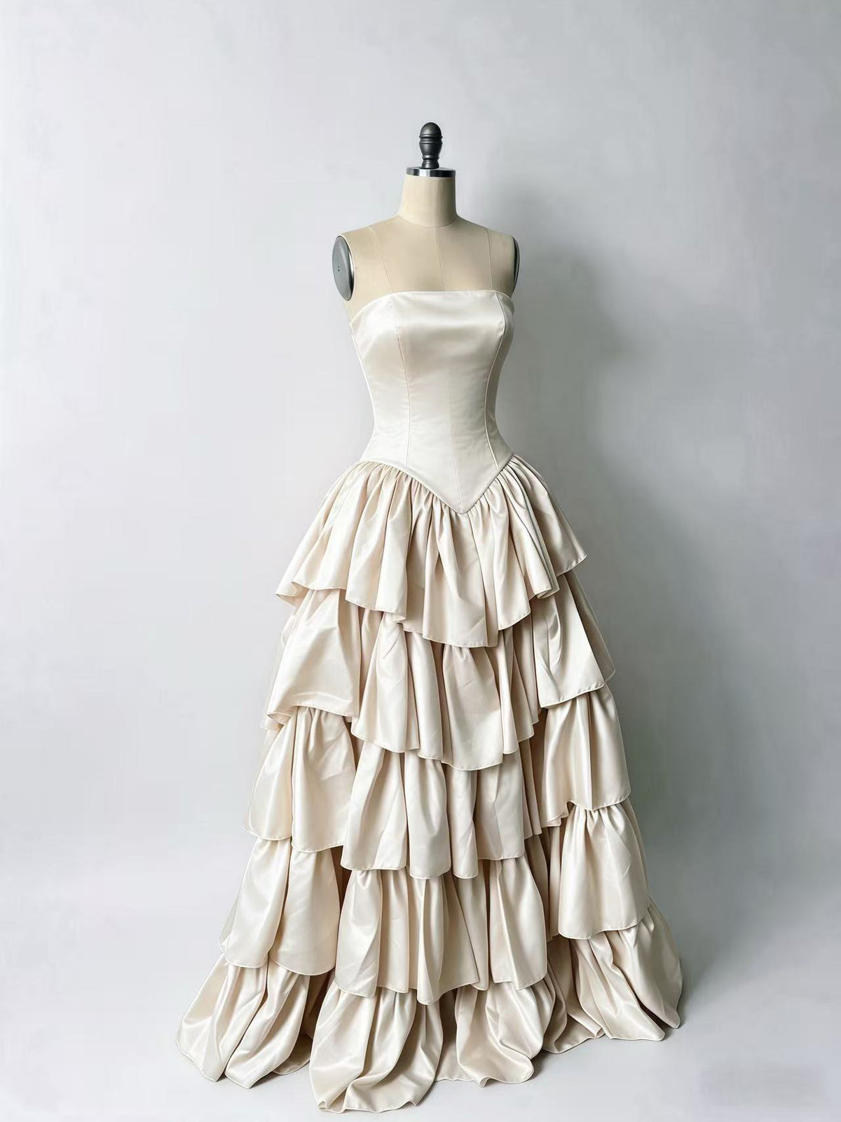 Unique A-line Satin Tiered Champagne Long Prom Dress