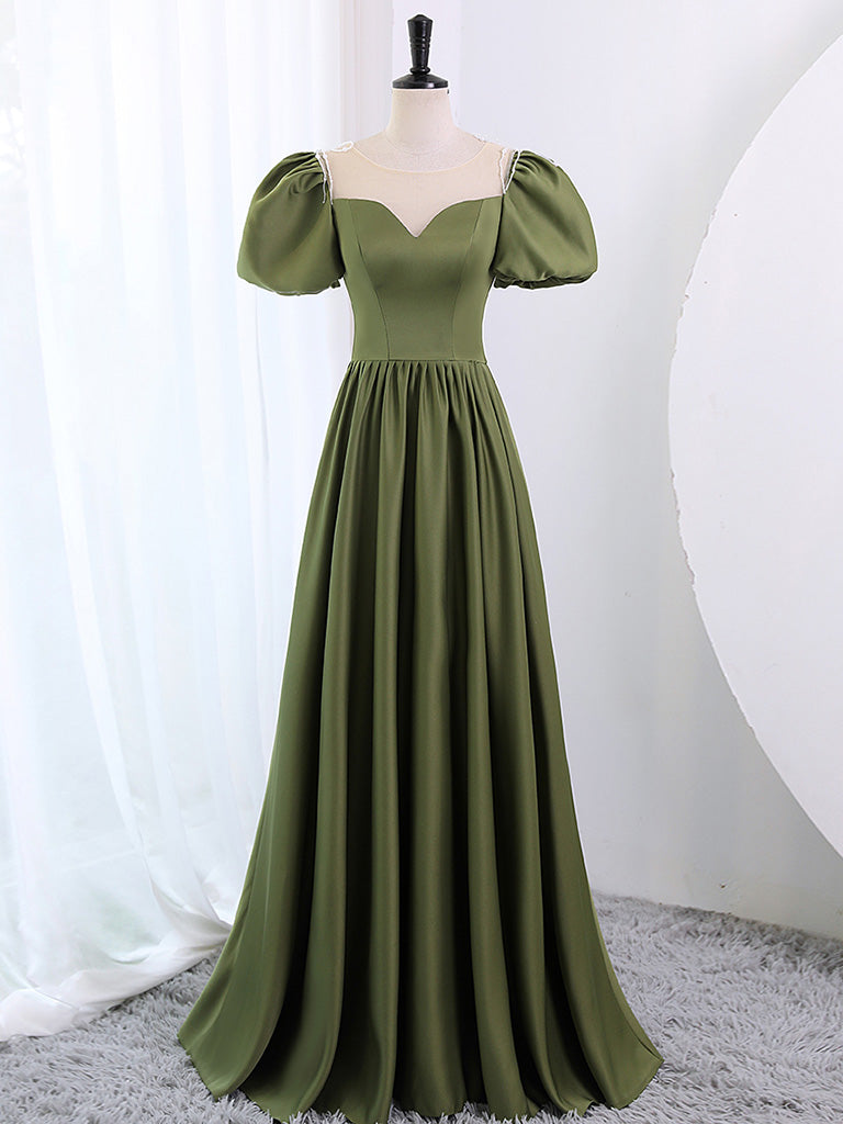 olive green prom dress with sleeves BABARONI BABARONI Acetate Satin Olive Green Bridesmaid Dresses One Shoulder Sweep Train Long Sleeve with Slit Pleated Sheath, Olive Green / US18