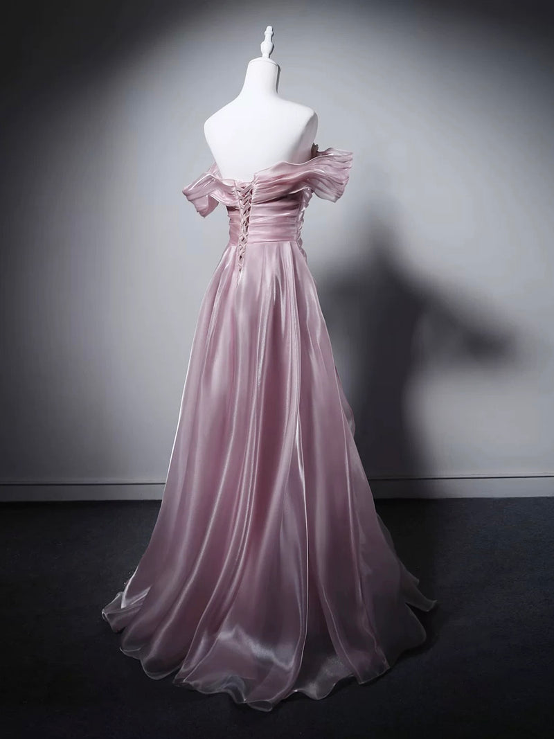 A-line Sweetheart Neck Off Shoulder Pink Long Prom Dress with Beads   shopluu