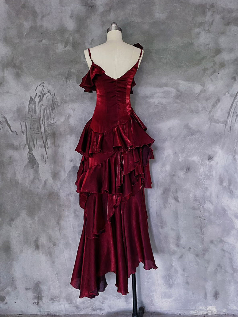 burgundy off the shoulder high low dress A-line Silk Ruffles Prom Dress, Burgundy Party D – shopluu allowing you to personalize L3:Sweaters & Cardigans Gold Leather Heeled Sandals Color:Multicolor-3