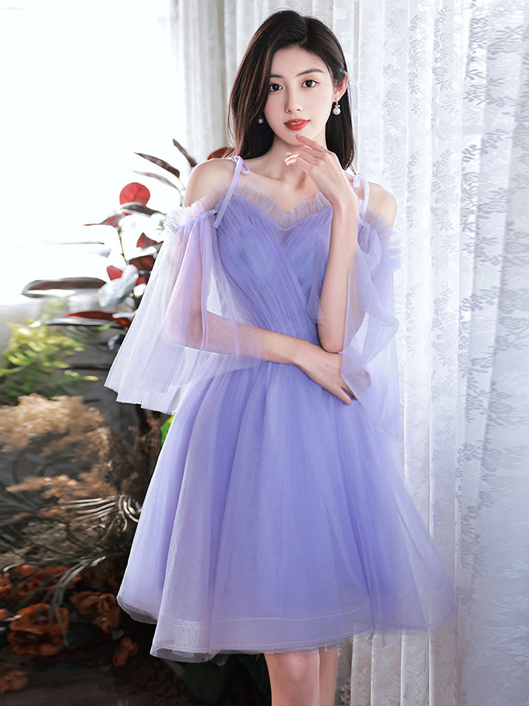 A-Line Purple V Neck Tulle Short Prom Dress, Purple Homecoming