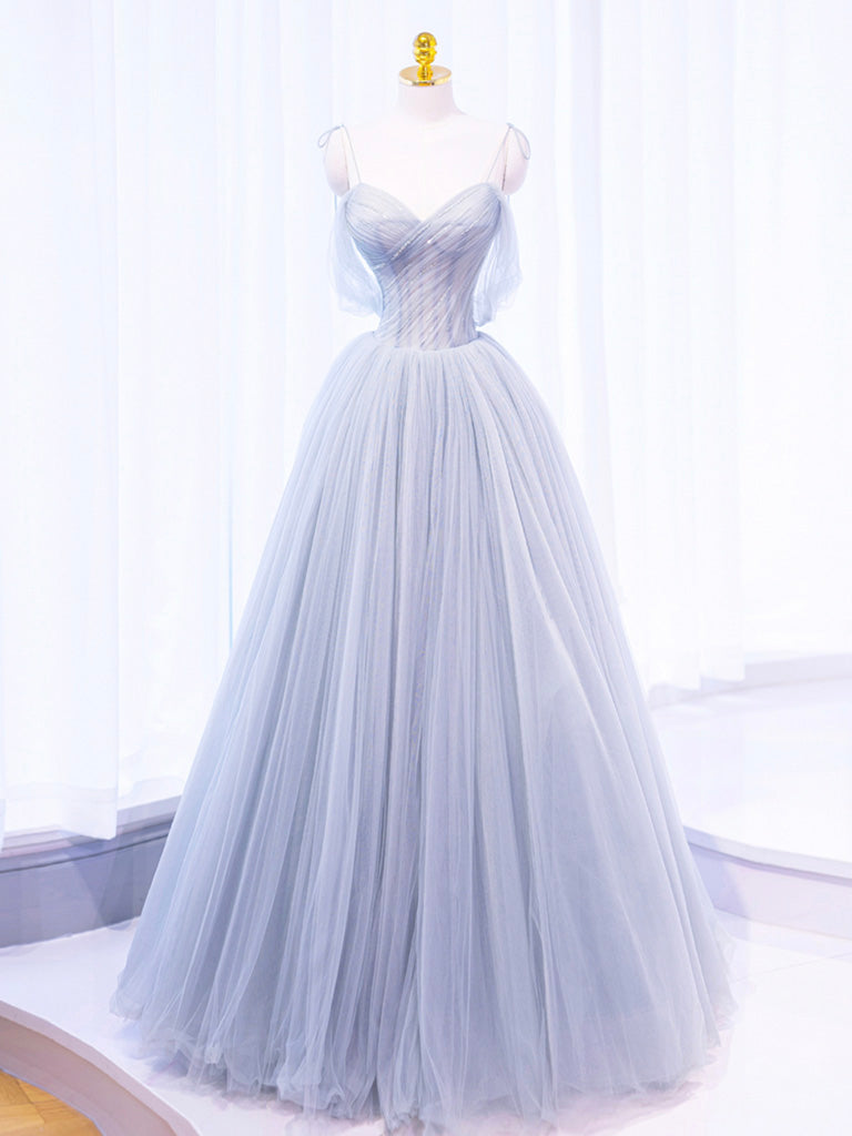 A-Line Off Shoulder Tulle Sequin Gray Long Prom Dress, Gray Tulle Form – shopluu