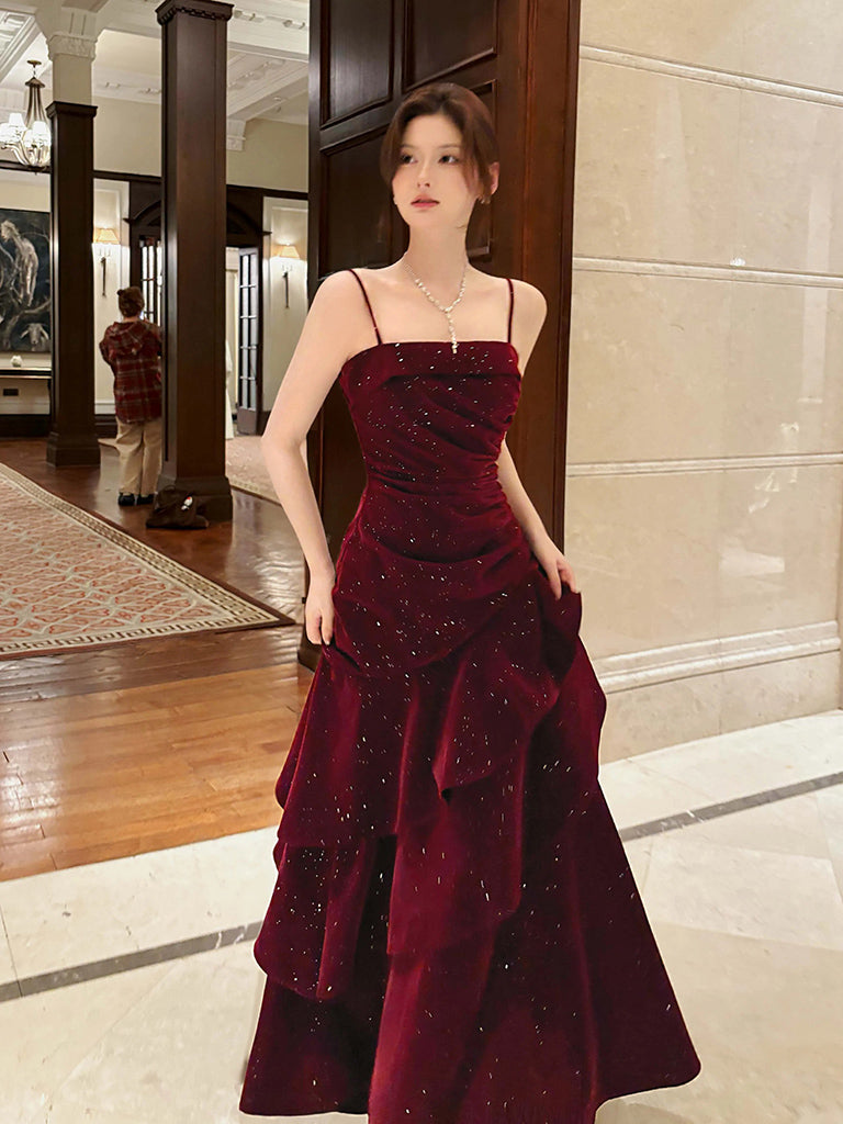 Burgundy Velvet Floor Length Long Prom Dress With Ruffles