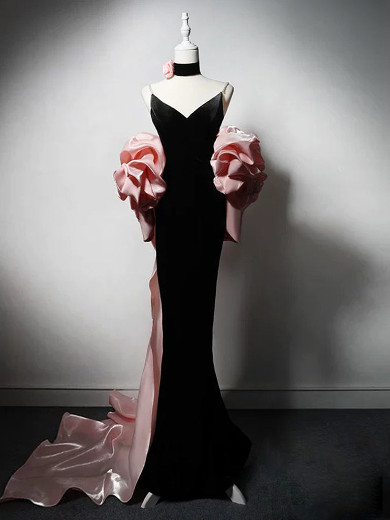 V Neck Pink Black Satin Long Prom Dresses with Bow, Pink Black Long Formal Evening Dresses, US 12 / Custom Color / No Rush V Neck Pink Black Satin Long Prom Dresses with Bow, Pink Black Long Formal Evening Dresses, US 12 / Custom Color / No Rush