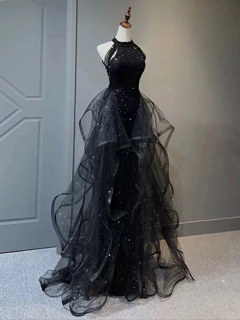 A-Line Tulle Sequin Black Long Prom Dress, Black Long Formal Dress shopluu A-Line Tulle Sequin Black Long Prom Dress, Black Long Formal Dress shopluu