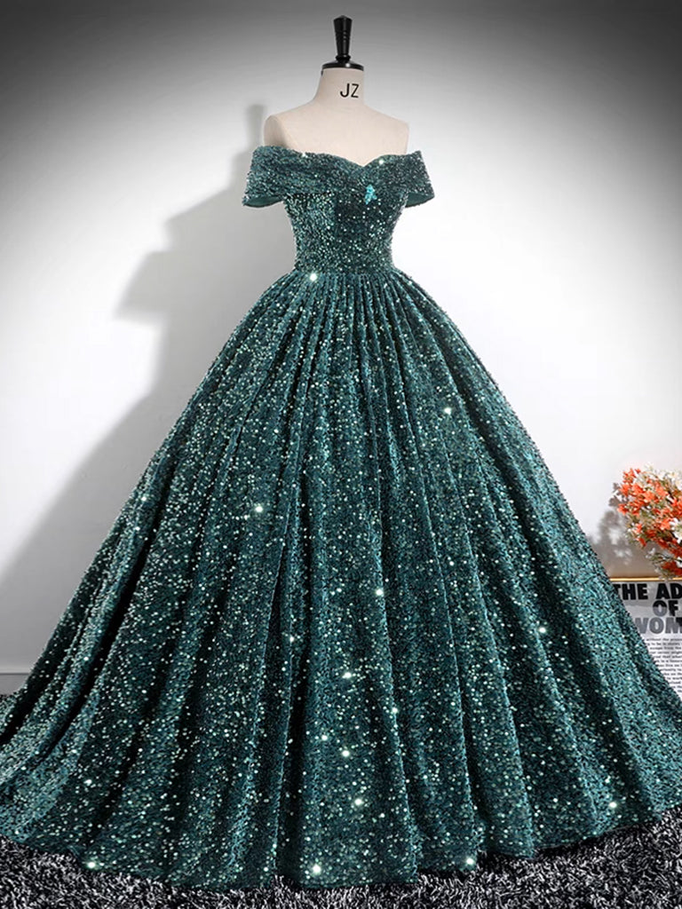 emerald green glitter prom dress Glitter Mermaid Off The Shoulder Dark Green Long Prom Dress Dark Green / 16