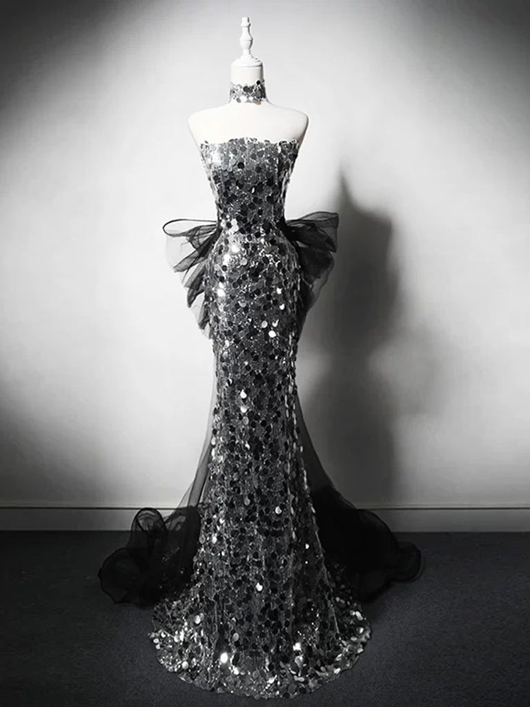 Simple Mermaid Tulle Sequin Black/Silver Long Prom Dress, Black/Silver – shopluu