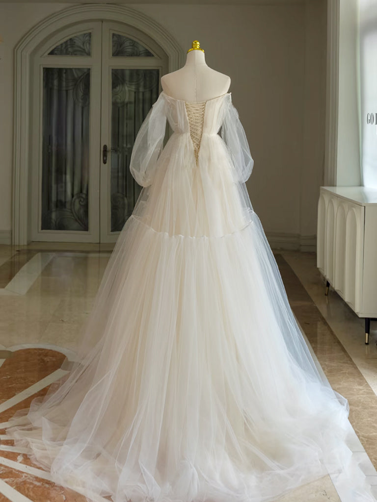 A-Line Tulle Long Sleeve Light Champagne Prom Dress, Light Champagne F shopluu A-Line Tulle Long Sleeve Light Champagne Prom Dress, Light Champagne F shopluu