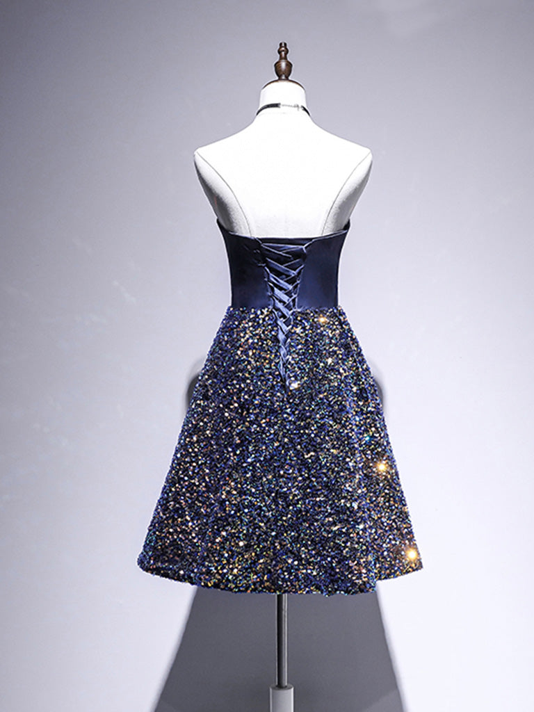 Dark Blue A-Line Sequin Lace Short Prom Dress, Blue Homecoming Dress US 16 / Custom Color Dark Blue A-Line Sequin Lace Short Prom Dress, Blue Homecoming Dress US 16 / Custom Color
