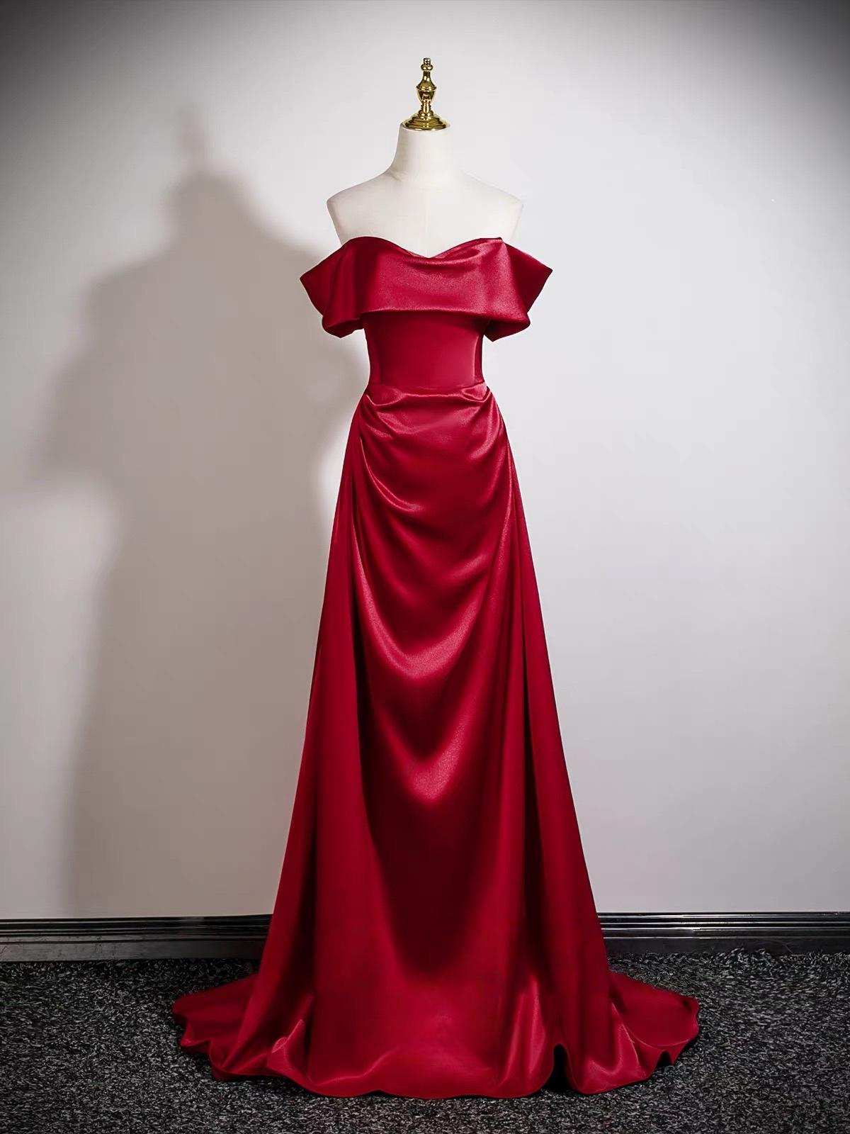 A-Line Sweetheart Neck Off Shoulder Satin Burgundy Long Prom Dress