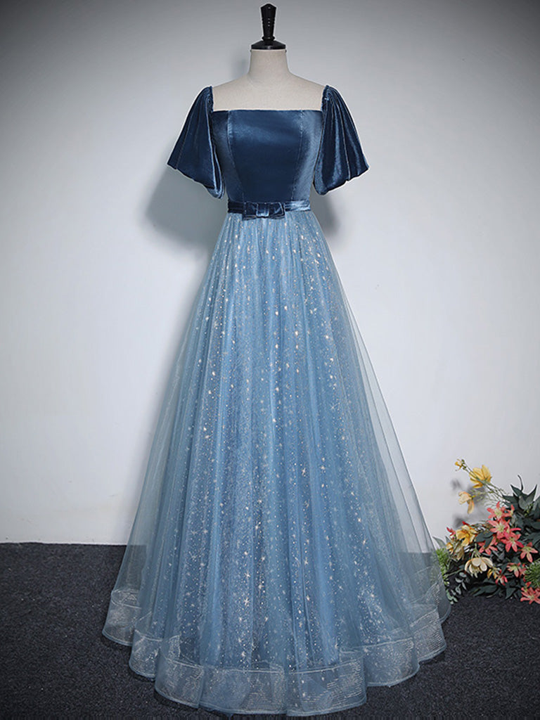 A-Line Tulle Velvet Blue Long Prom Dress, Blue Tulle Formal Dress US 4 / Blue A-Line Tulle Velvet Blue Long Prom Dress, Blue Tulle Formal Dress US 4 / Blue