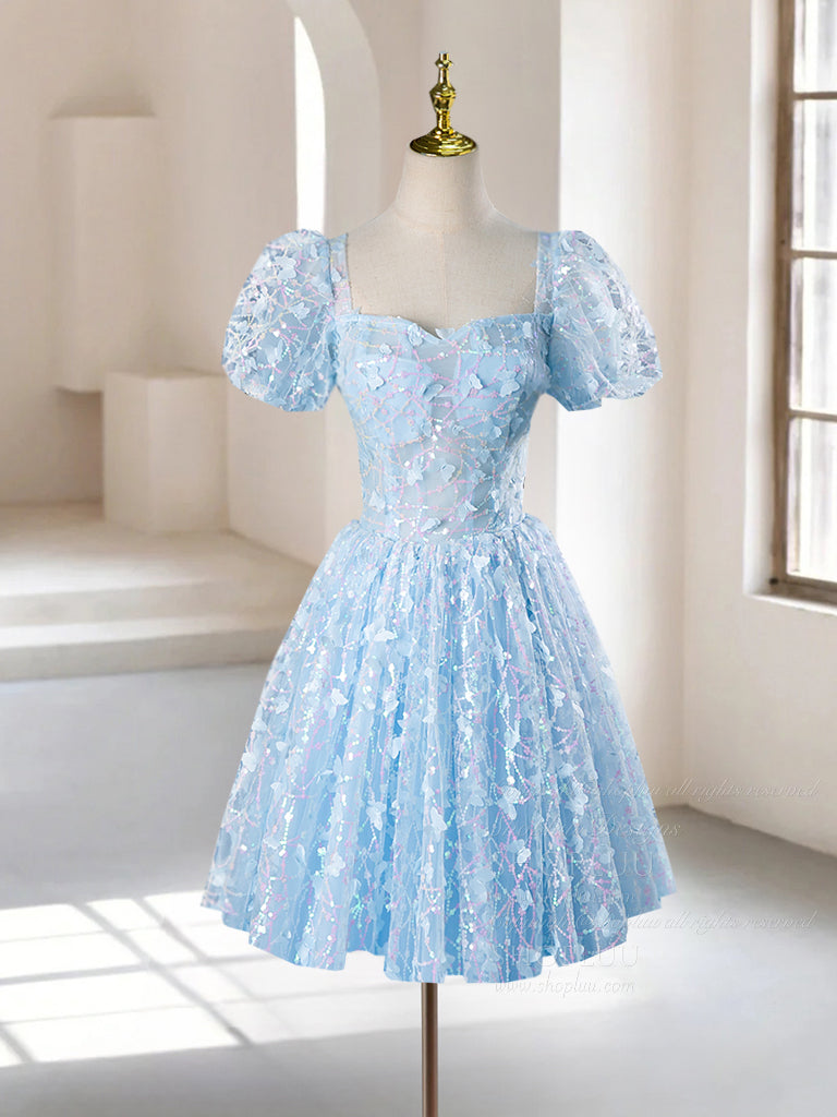 A-Line Puff Sleeves Tulle Lace Blue Short Prom Dress, Blue Homecoming
