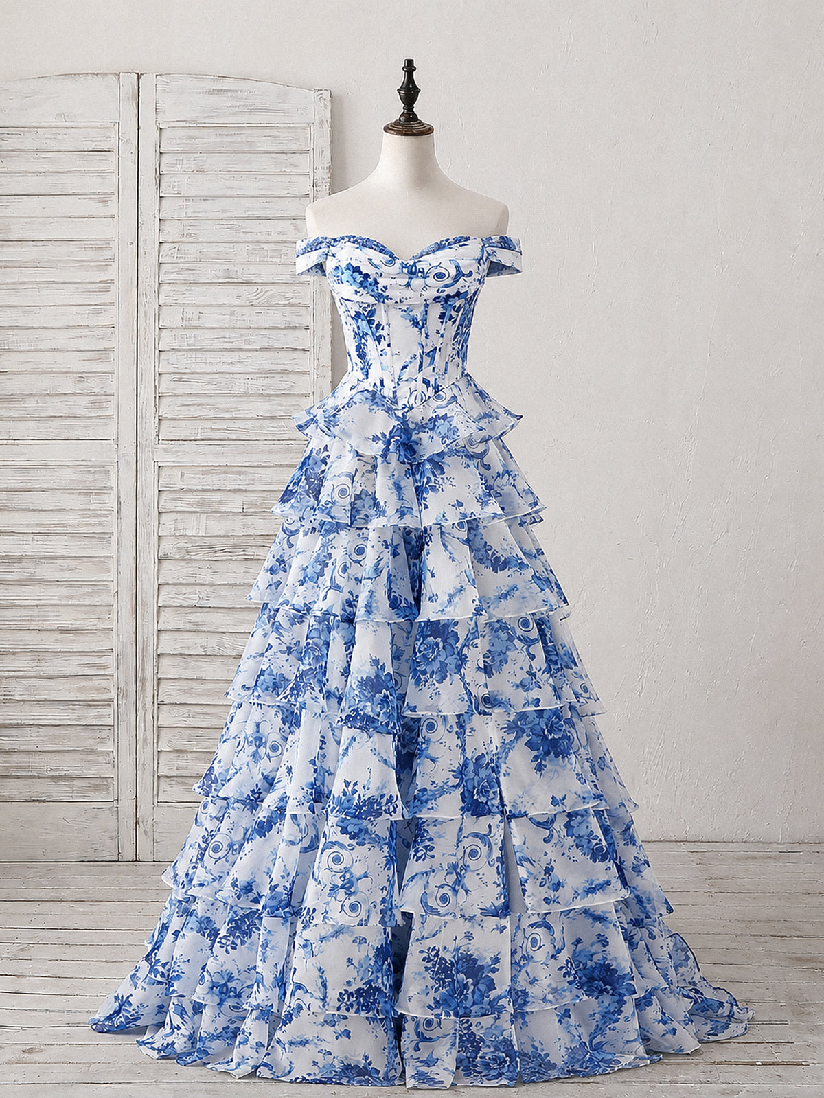 A-line Sweetheart Off Shoulder Printed Chiffon Blue Long Prom Dress