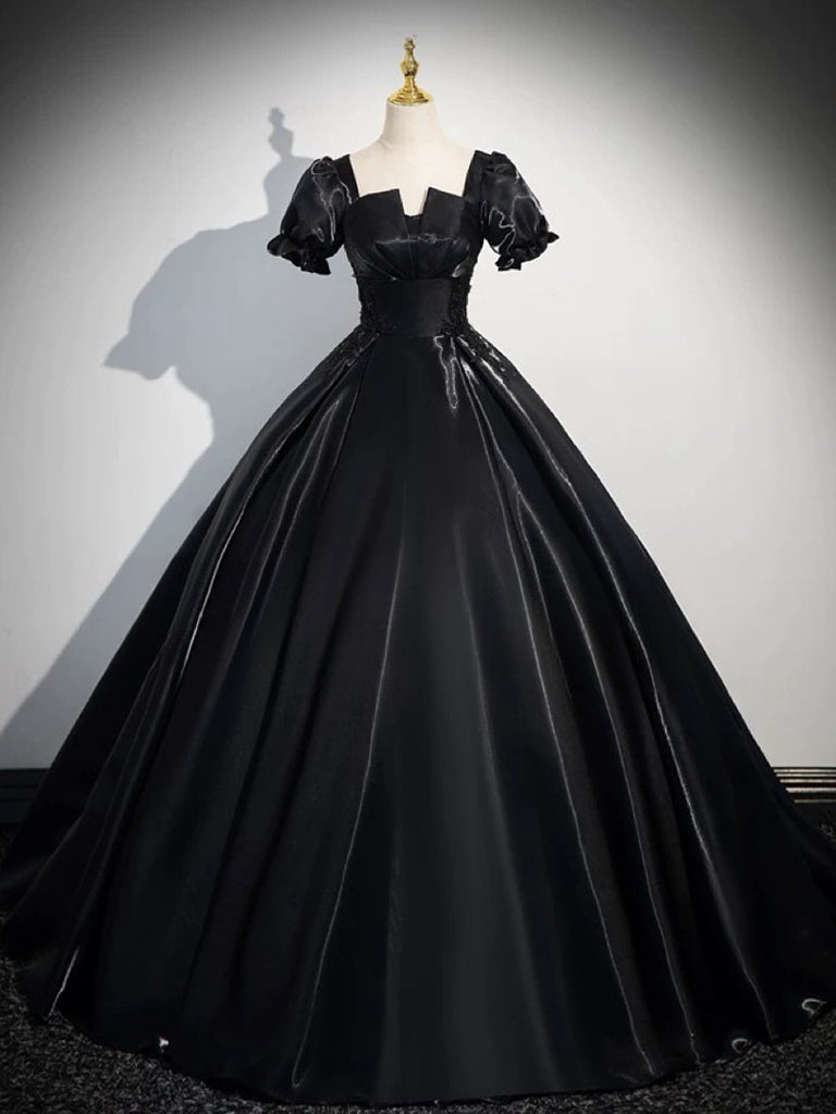 Black Satin Lace Long Prom Dress, Elegant A-Line Short Sleeve Evening Party Gown US 16 / Black Black Satin Lace Long Prom Dress, Elegant A-Line Short Sleeve Evening Party Gown US 16 / Black
