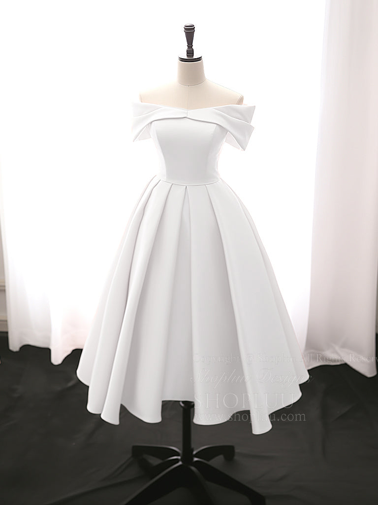 A-Line Off Shoulder Satin Tea Length Blue Prom Dress, Blue Formal Dres shopluu A-Line Off Shoulder Satin Tea Length Blue Prom Dress, Blue Formal Dres shopluu