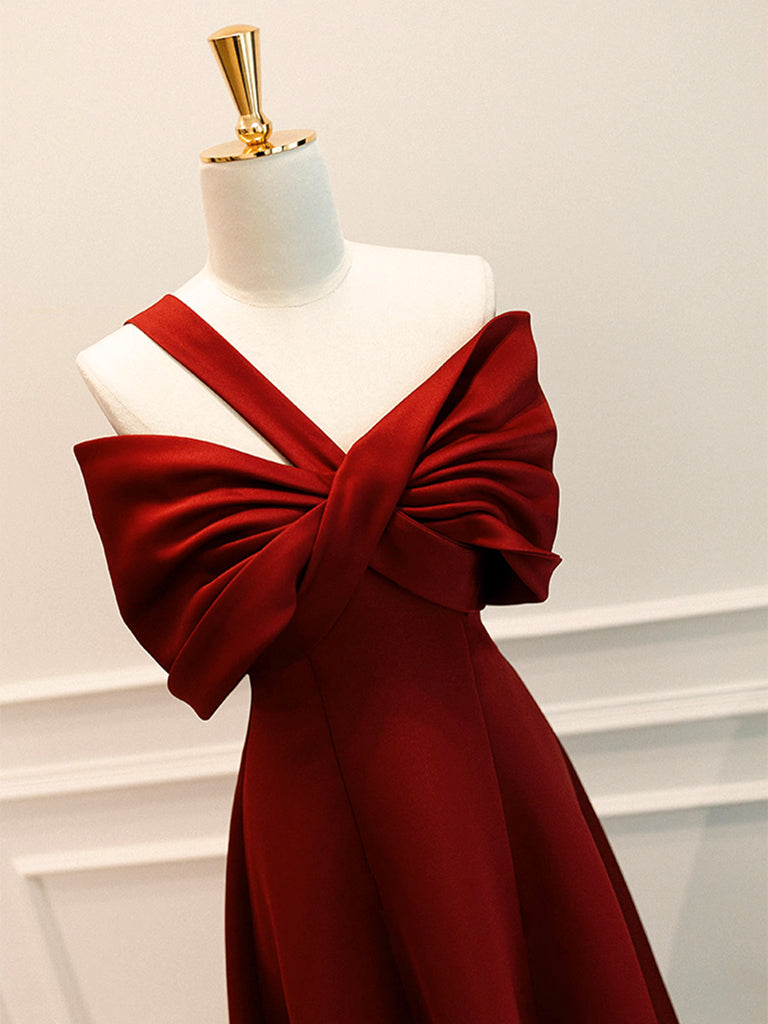 A-Line One Shoulder Satin Burgundy Long Prom Dress, Burgundy Long Formal Dress A-Line One Shoulder Satin Burgundy Long Prom Dress, Burgundy Long Formal Dress