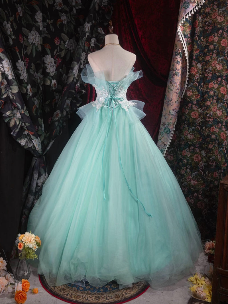A-Line Floor Length Lace Tulle Blue Green Long Prom Dress – shopluu