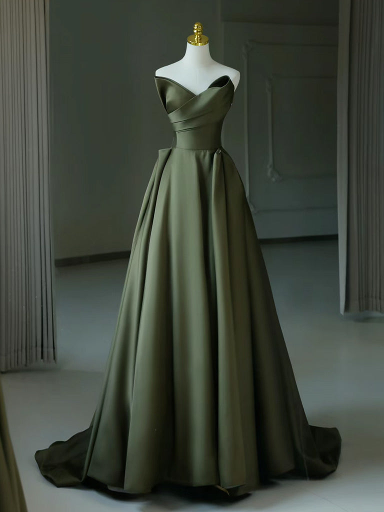 Dark Green Satin V-Neck Long Prom Dress, A-Line Strapless Evening Party Dress US 2 / Dark Green Dark Green Satin V-Neck Long Prom Dress, A-Line Strapless Evening Party Dress US 2 / Dark Green