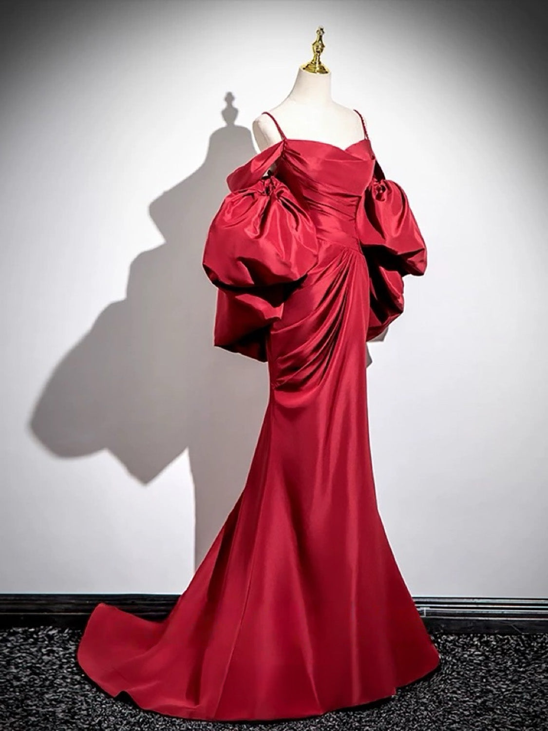 A-line V Neck Satin Puff Sleeves Sweep Train Red Prom Dress