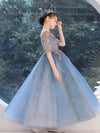Blue Round Neck Tulle Sequin Lace Flower Girl Dress, Cute Blue Flower Girl Dress