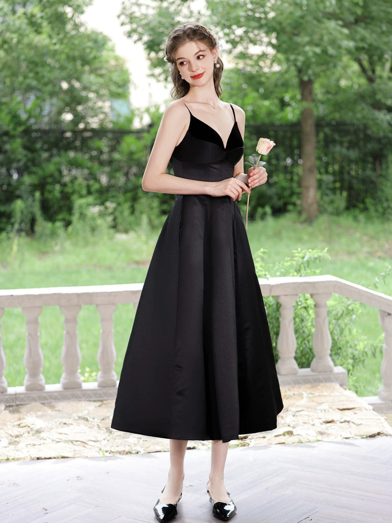 Simple V Neck Satin Tea Length Black Prom Dress, Black Formal Dress shopluu Simple V Neck Satin Tea Length Black Prom Dress, Black Formal Dress shopluu