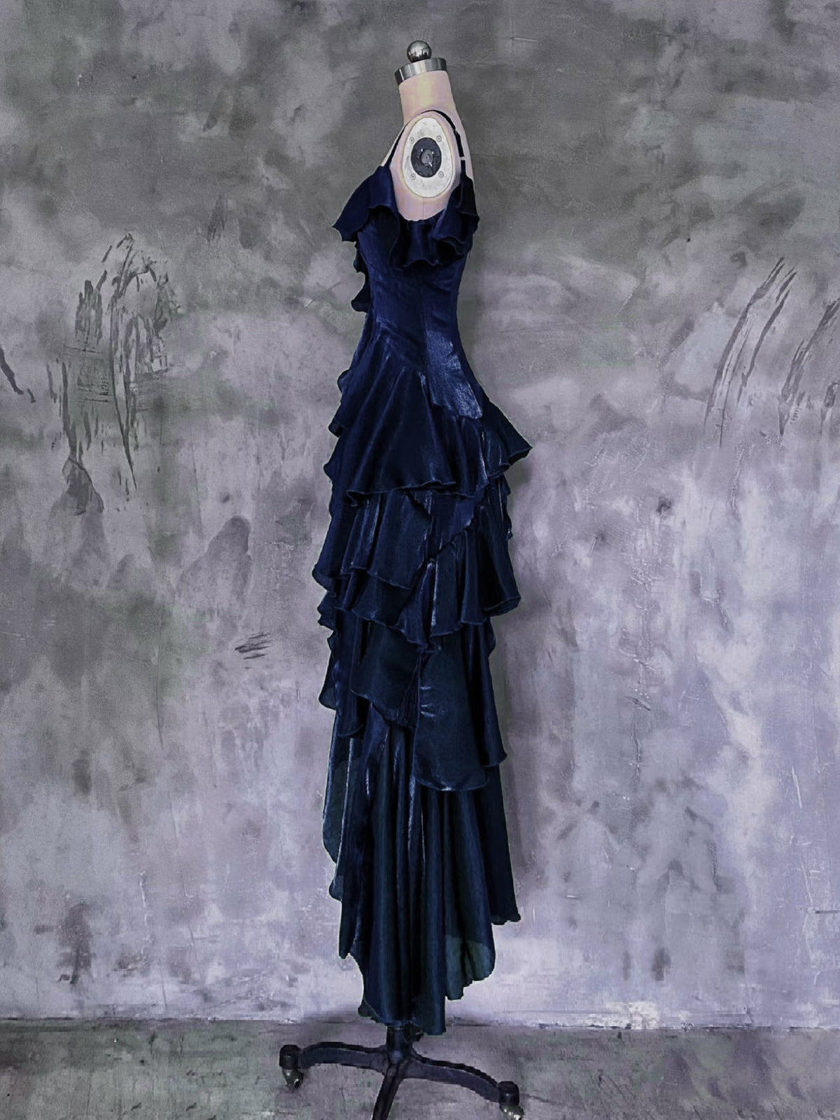 A-line Off Shoulder Silk Ruffles Dark Blue Prom Dress, Dark Blue Party Dress