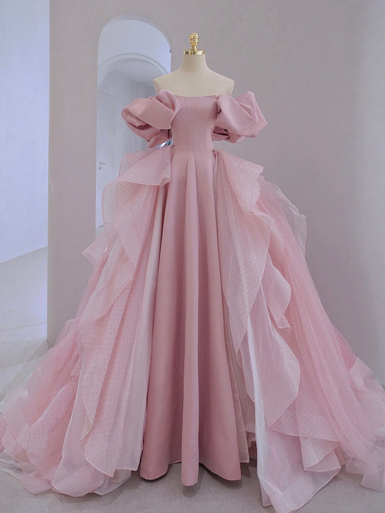 pink gown dress Off the Shoulder Pink Tulle Beaded Long Prom Dresses, Pink Tulle Long Formal Dress, US 16 / Pink as Pics / No Rush
