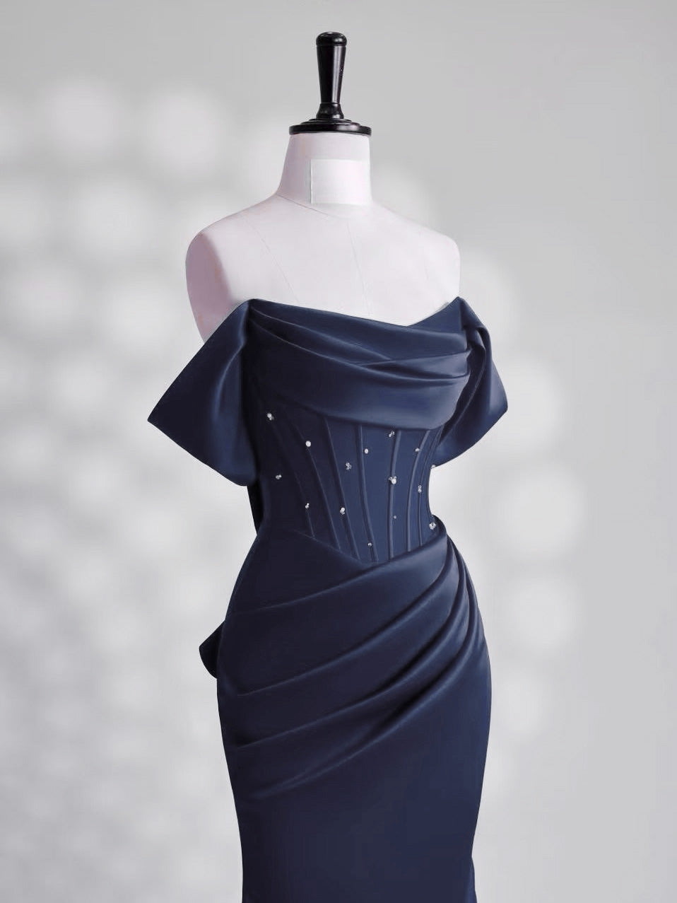 Mermaid Off Shoulder Satin Dark Blue Long Prom Dress with Beads