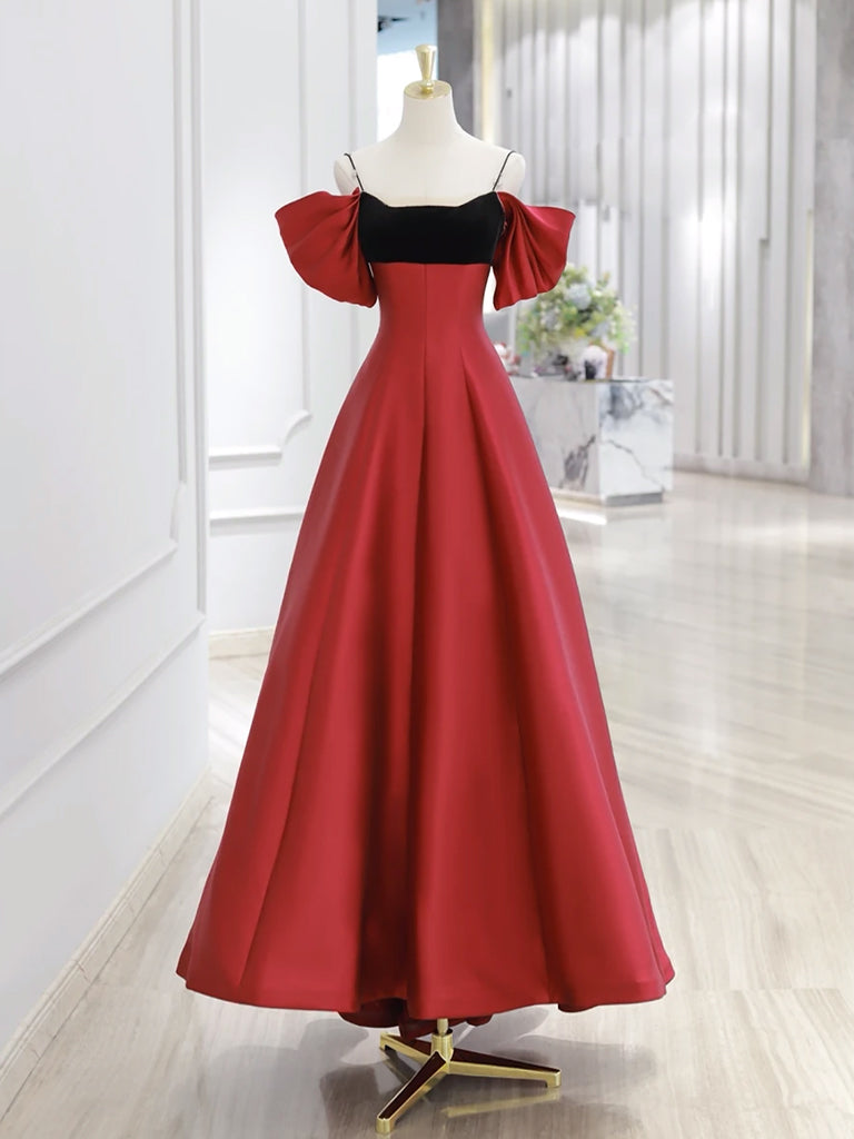 Burgundy Satin and Black Velvet Long Prom Dress, A-Line Spaghetti Strap Evening Party Dress US 16 / Custom Color Burgundy Satin and Black Velvet Long Prom Dress, A-Line Spaghetti Strap Evening Party Dress US 16 / Custom Color