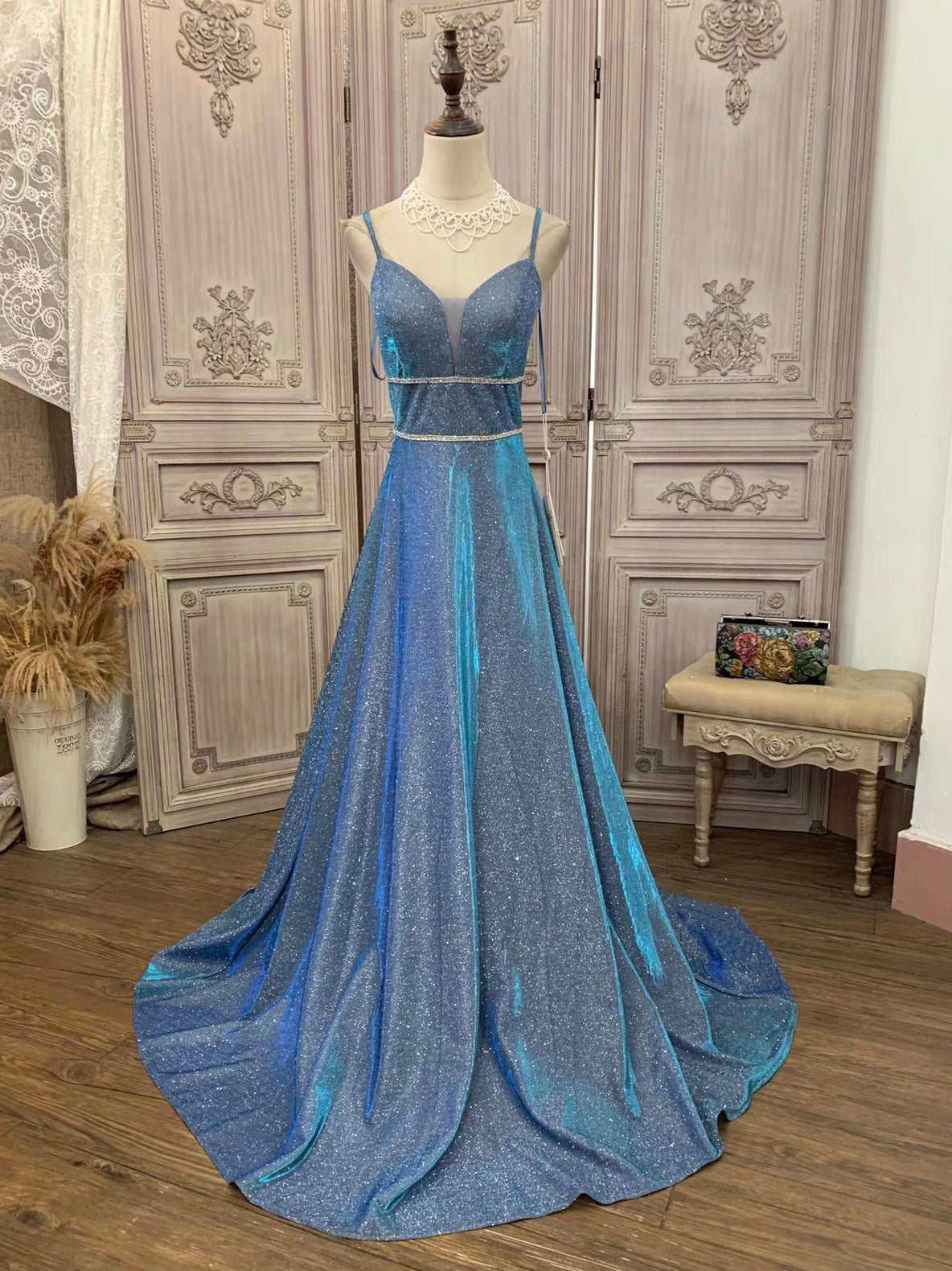 A-Line V Neck Shiny Blue Long Prom Dress, Blue Party Dress