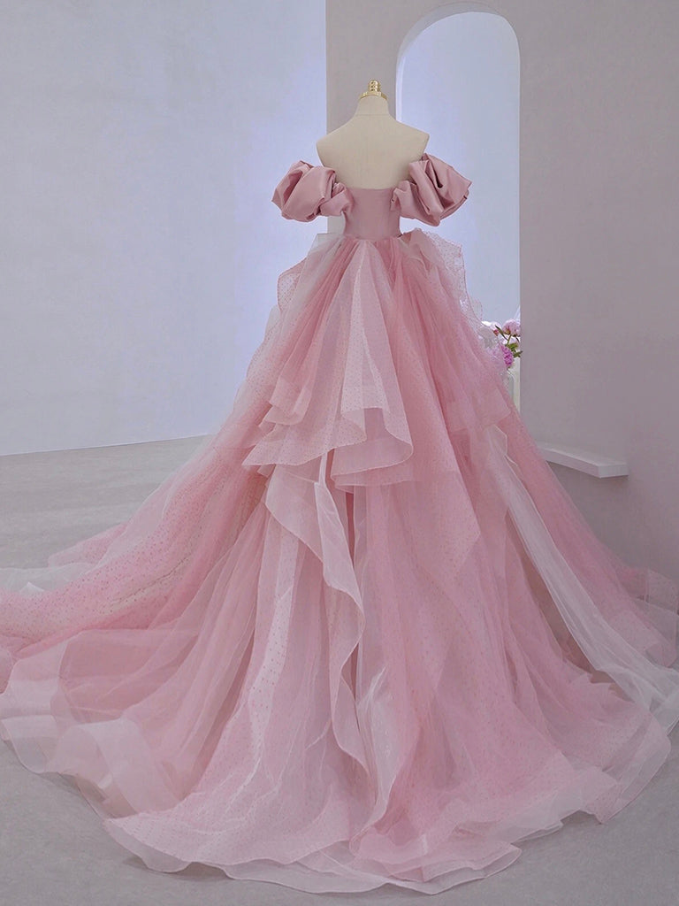 A-Line Satin Tulle Pink Long Prom Dress. Pink Long Evening Dress