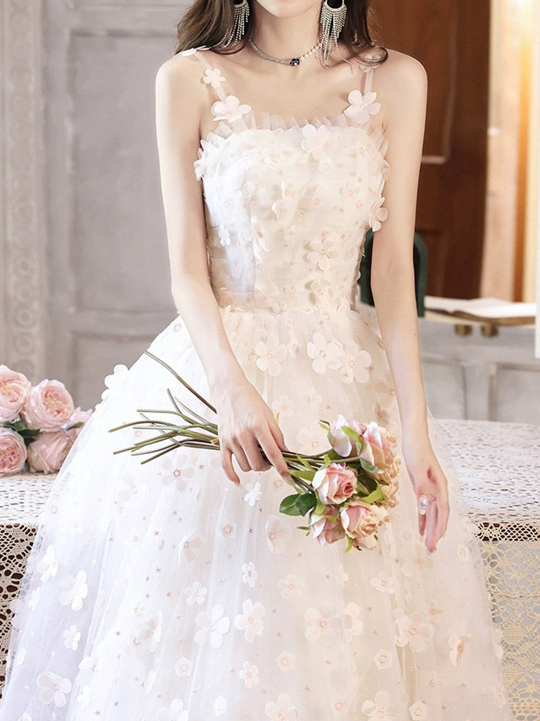 White A-Line Tulle Flower Long Prom Dress, White Formal Evening Dress