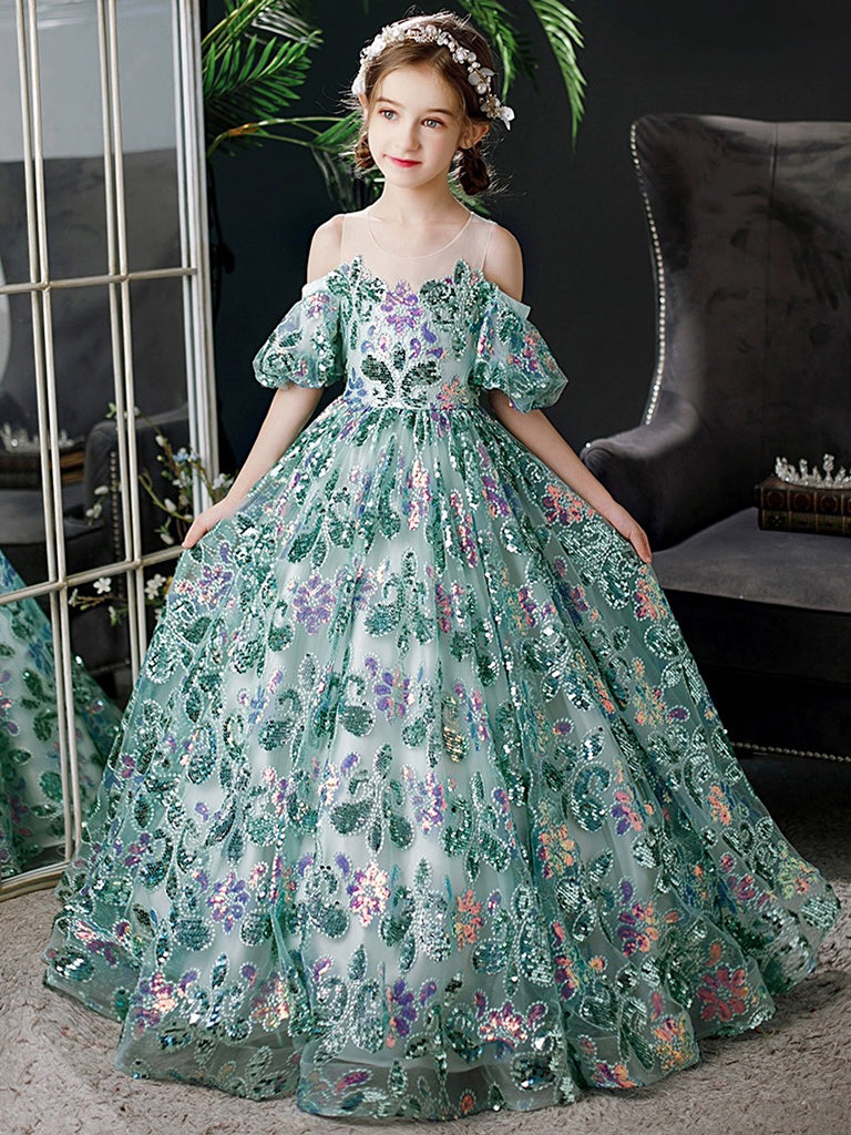 A-Line Scoop Neckline Sequin Lace Tulle Green Long Flower Girl Dress 2 / Green A-Line Scoop Neckline Sequin Lace Tulle Green Long Flower Girl Dress 2 / Green