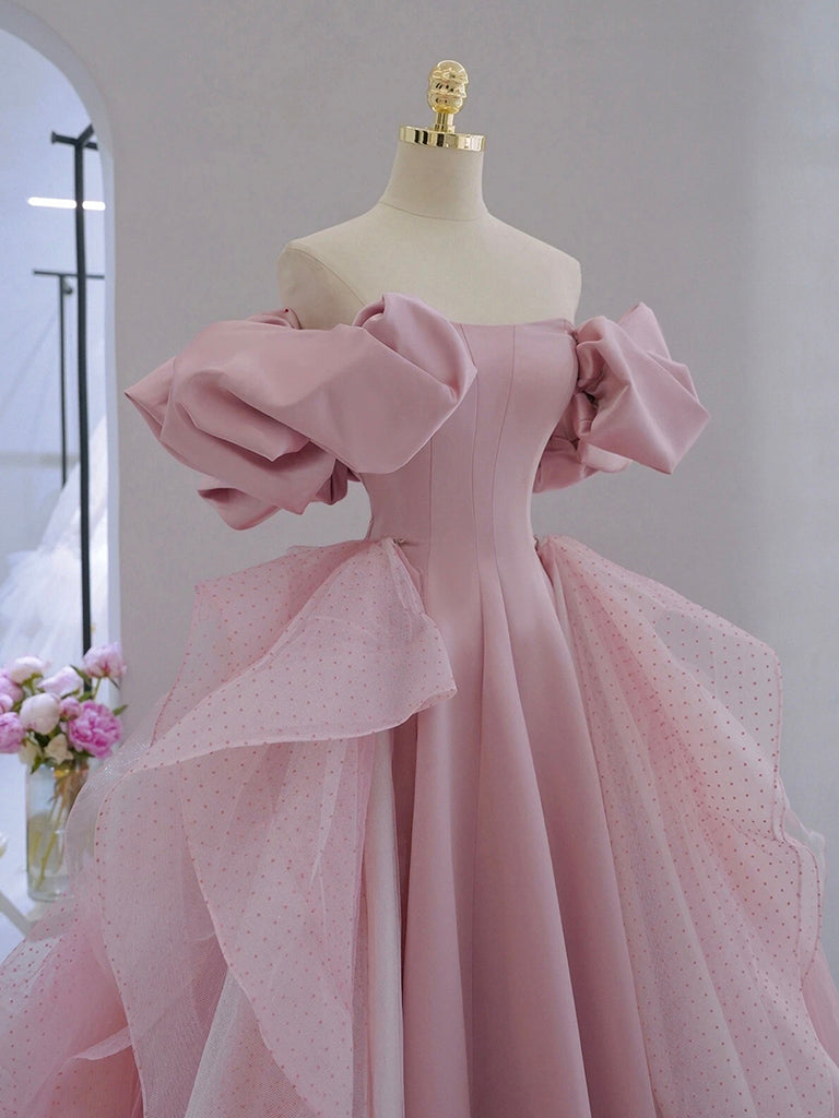 A-Line Satin Tulle Pink Long Prom Dress. Pink Long Evening Dress