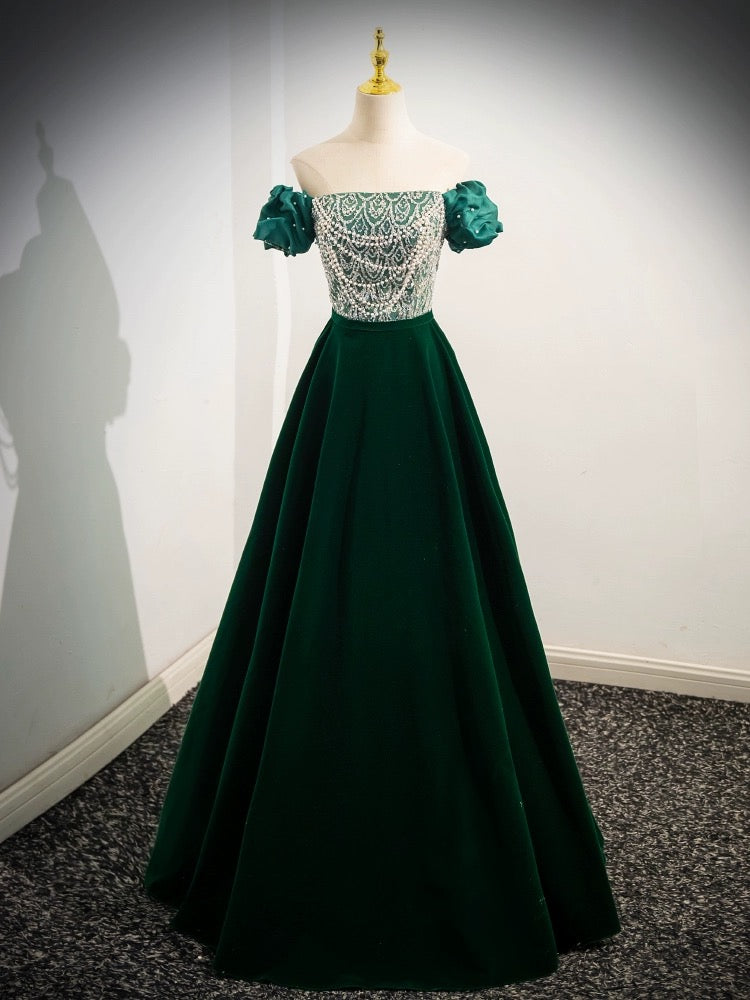 Green Sequin Lace Puffed Sleeve Prom Dresses Velvet Off the Shoulder 90069 - Green / US14 Green Sequin Lace Puffed Sleeve Prom Dresses Velvet Off the Shoulder 90069 - Green / US14