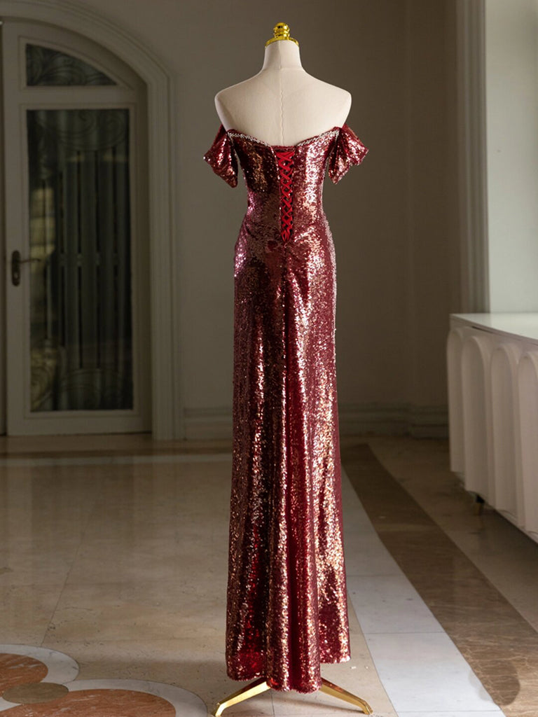 Simple Off Shoulder Sequin Burgundy Long Prom Dress, Burgundy Long Evening Dress US 10 / Custom Color Simple Off Shoulder Sequin Burgundy Long Prom Dress, Burgundy Long Evening Dress US 10 / Custom Color