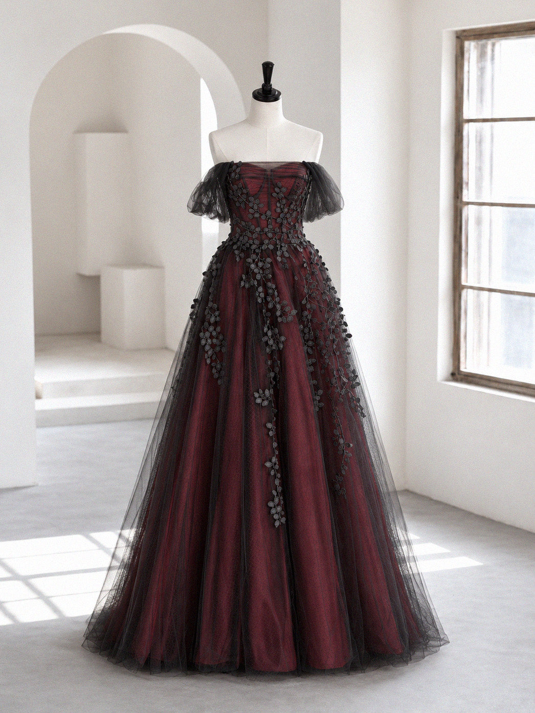 A-line Off Shoulder Tulle Lace Applique Black/Burgundy Long Prom Dress