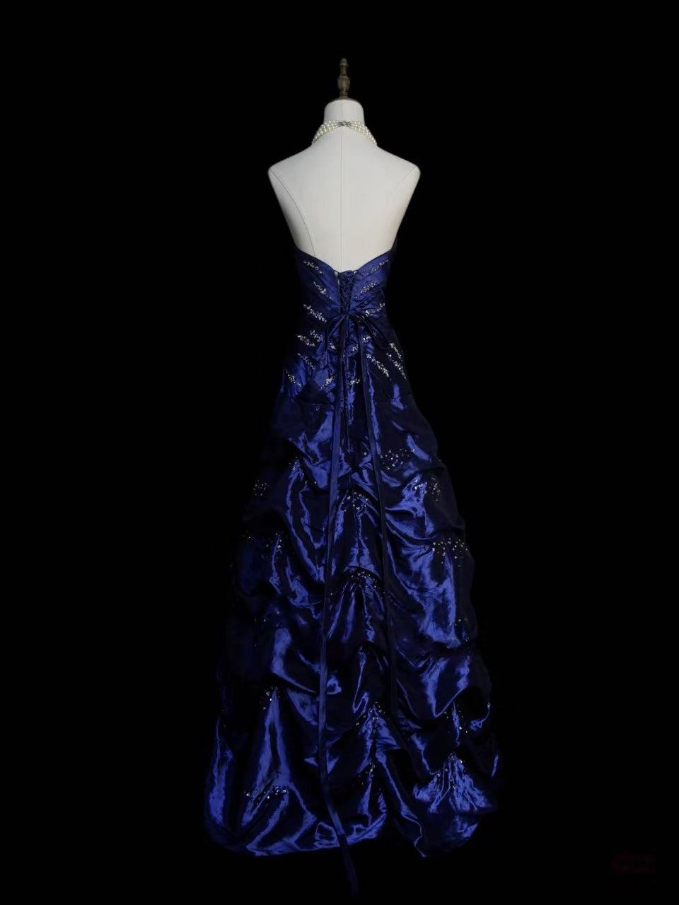 A-line Sweetheart Taffeta Retro Blue Long Prom Dress with Beads