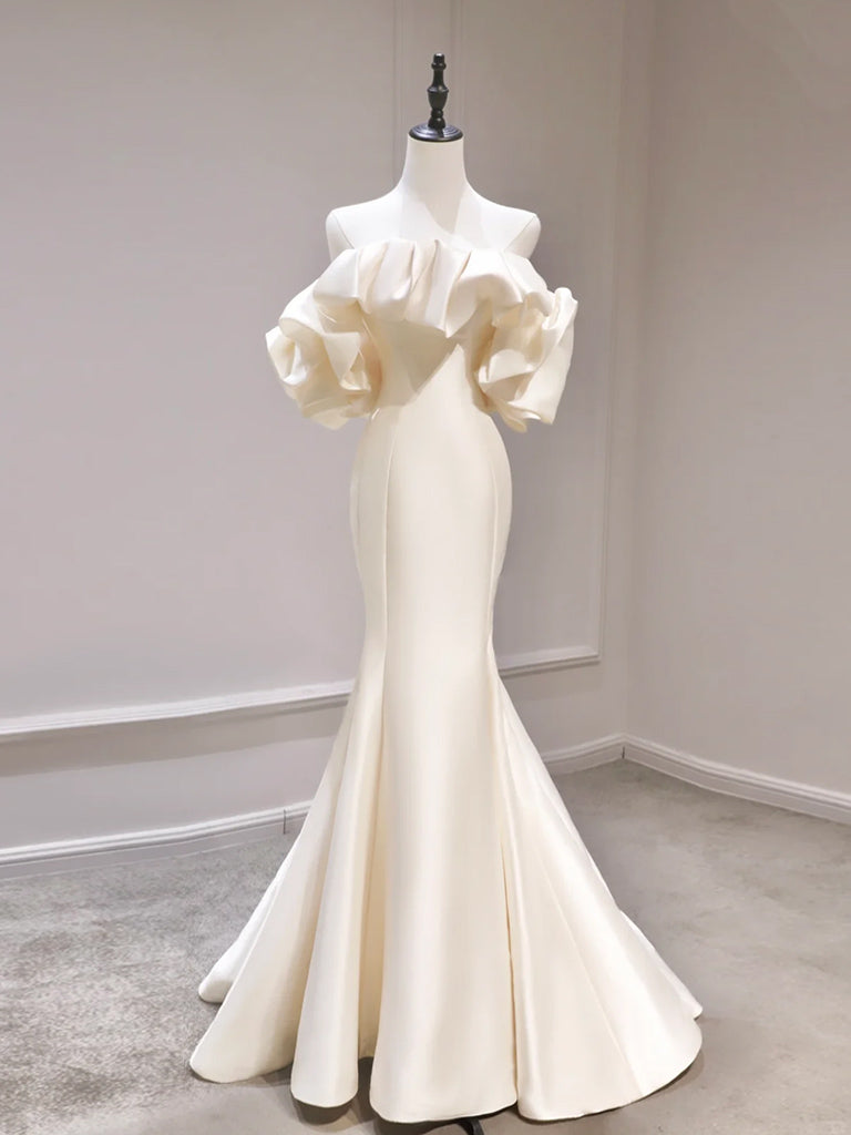 Mermaid Off Shoulder Satin Light Champagne Long Prom Dress, Light Champagne Formal Dress US 8 / Custom Color Mermaid Off Shoulder Satin Light Champagne Long Prom Dress, Light Champagne Formal Dress US 8 / Custom Color