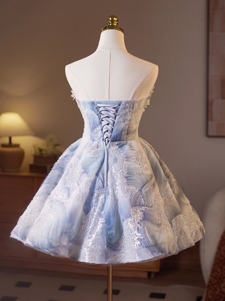 A-Line Sweetheart Neck Flower Blue Short Prom Dress, Blue Homecoming Dress