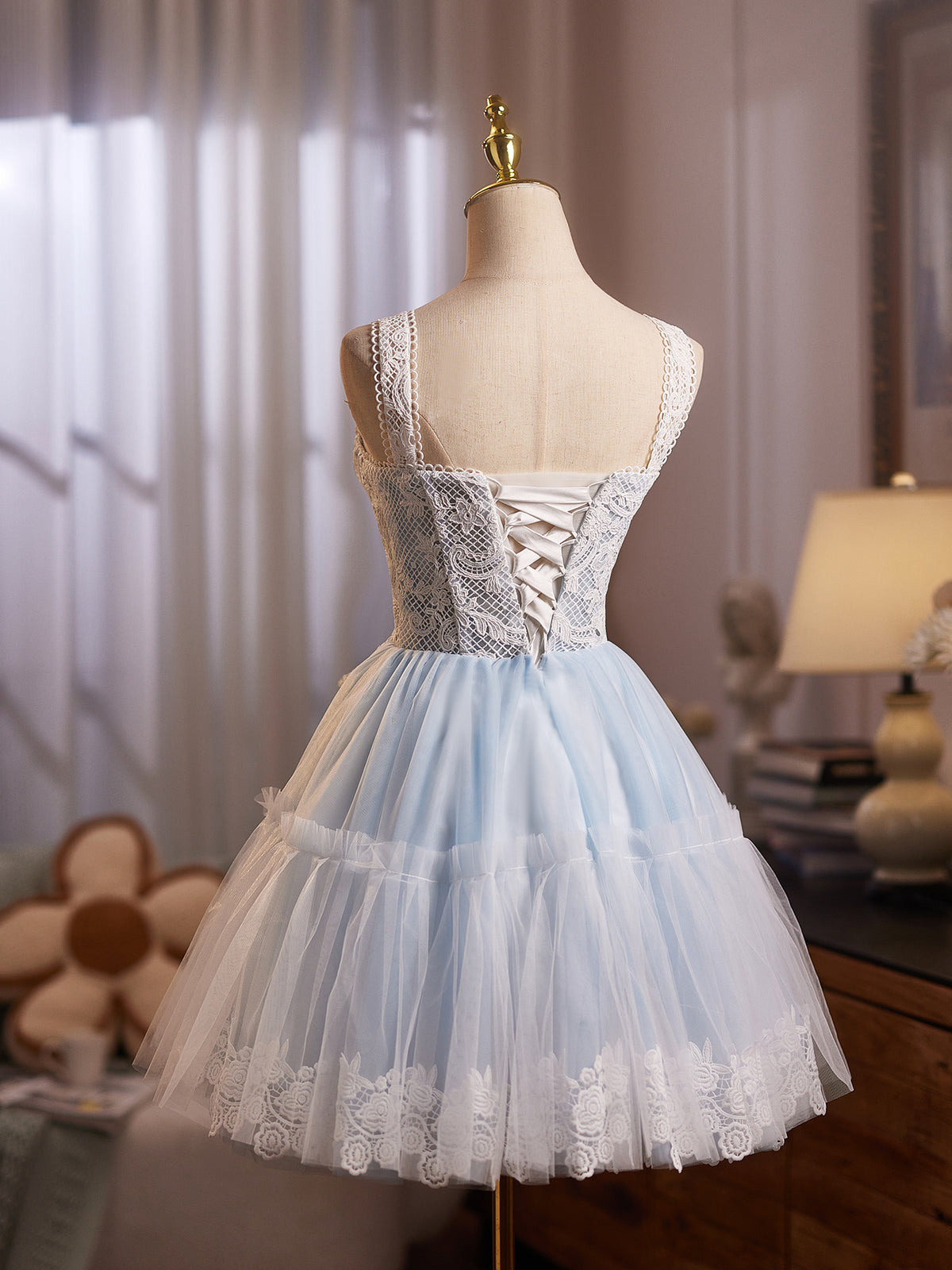 A-Line Tulle Lace Blue Short Prom Dress, Blue Homecoming Dress