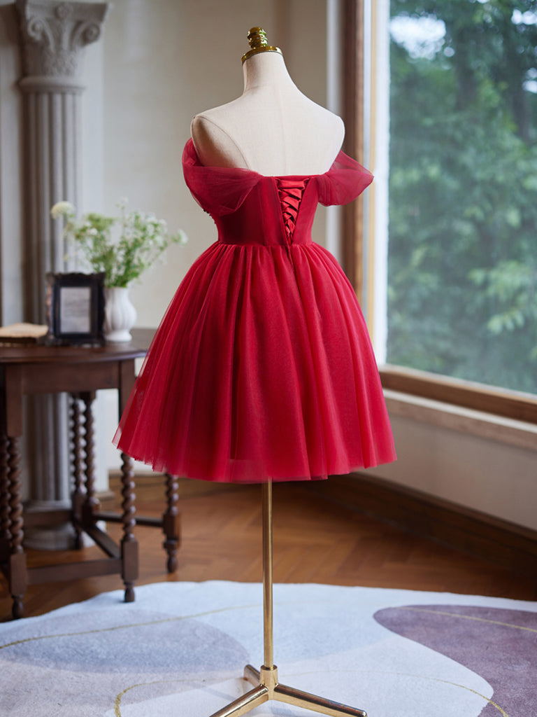 red dress with beads A-Line Off Shoulder V Neck Tulle Burgundy Short Prom Dress with Beads US 12 / Custom Color