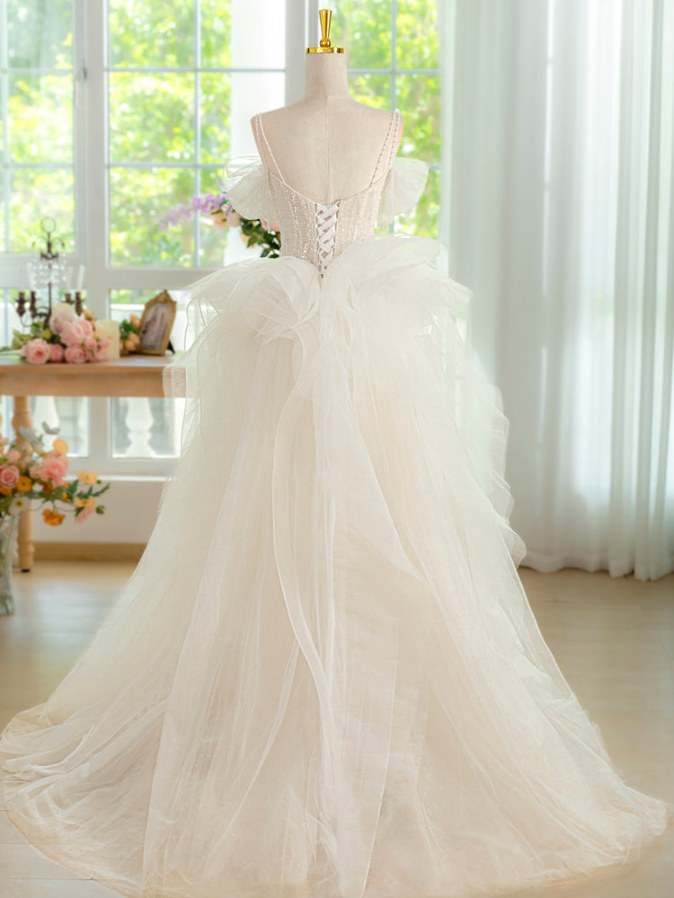 champagne white prom dress Charming Champagne V Neck Short Sleeves A Line Tulle Long Prom Dresses
