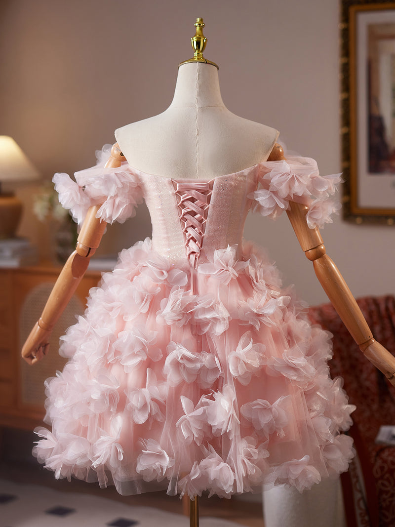 Cute Tulle Beads Flower Pink Short Prom Dress, Pink Homecoming Dress shopluu Cute Tulle Beads Flower Pink Short Prom Dress, Pink Homecoming Dress shopluu