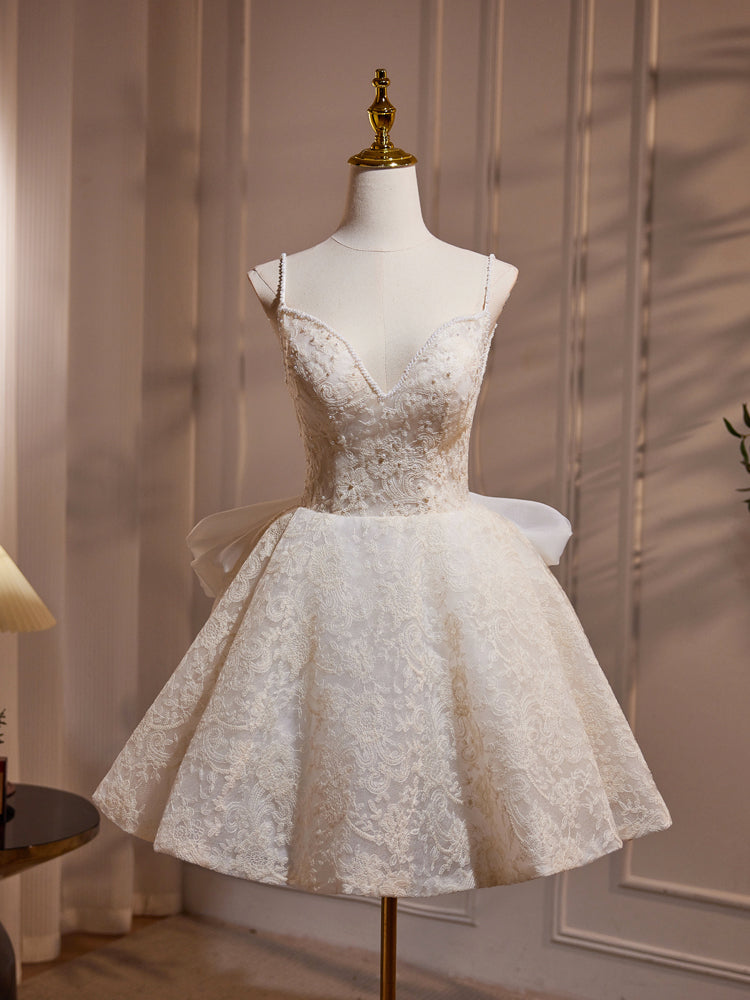 A-Line V Neck Lace Champagne Short Prom Dress, Champagne Homecoming Dress US 2 / Champagne A-Line V Neck Lace Champagne Short Prom Dress, Champagne Homecoming Dress US 2 / Champagne