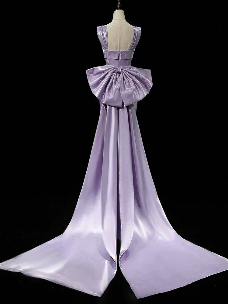 Simple Satin Purple Long Prom Dress, Purple Long Formal Dress with bow tie