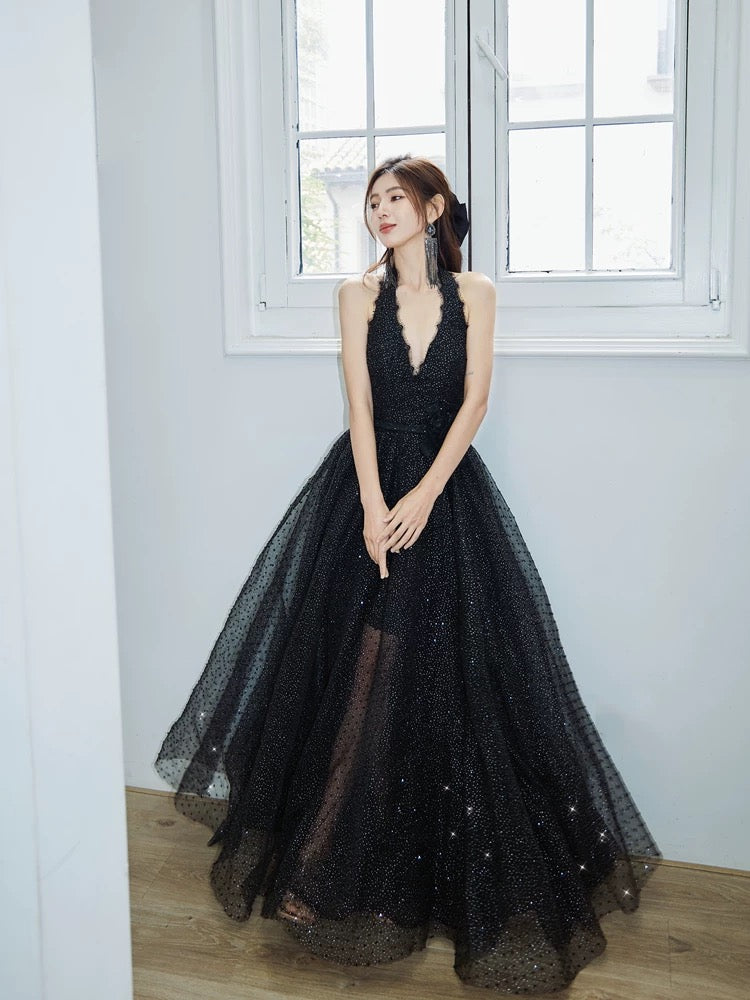 A-Line V Neck Tulle Floor Length Black Prom Dress, Black Party Dress