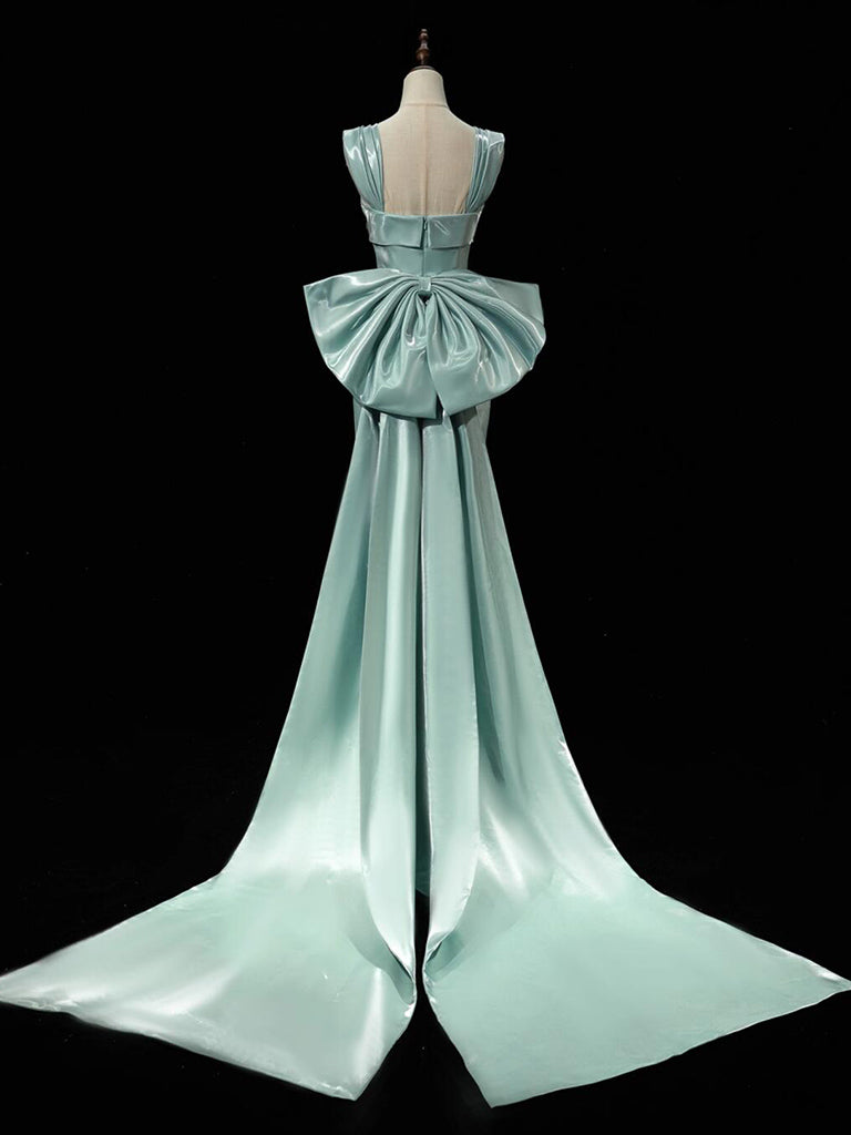 Simple hydra Satin Bow Tie Green Long Prom Dress, Green Long Formal Dress