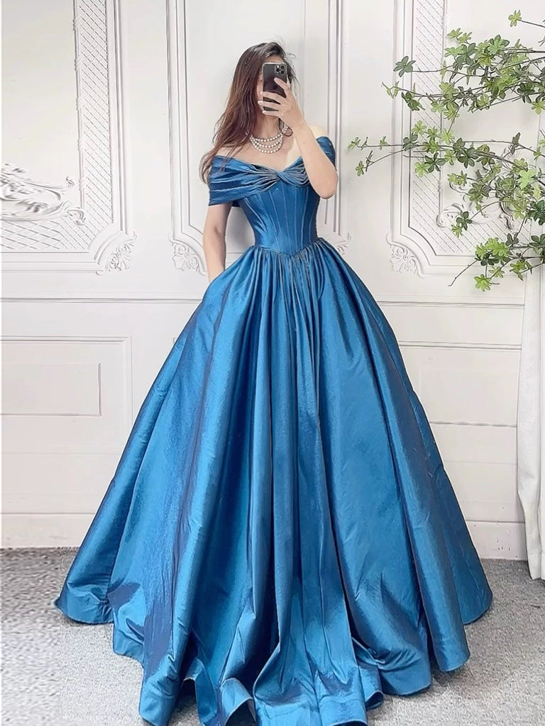 A-Line Off Shoulder Blue Long Prom Dress, Blue Long Formal Dress Custom Size / Blue A-Line Off Shoulder Blue Long Prom Dress, Blue Long Formal Dress Custom Size / Blue